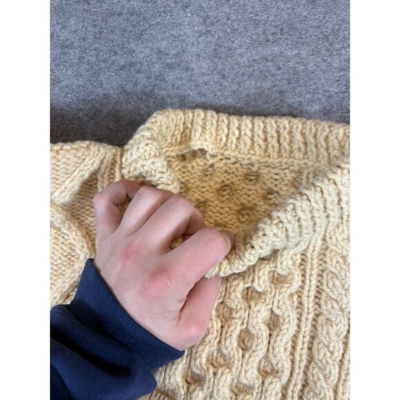 Vintage Aran Style Fisherman Sweater Mens Small Yellow Cable Knit Mock Pullover - Picture 2 of 5
